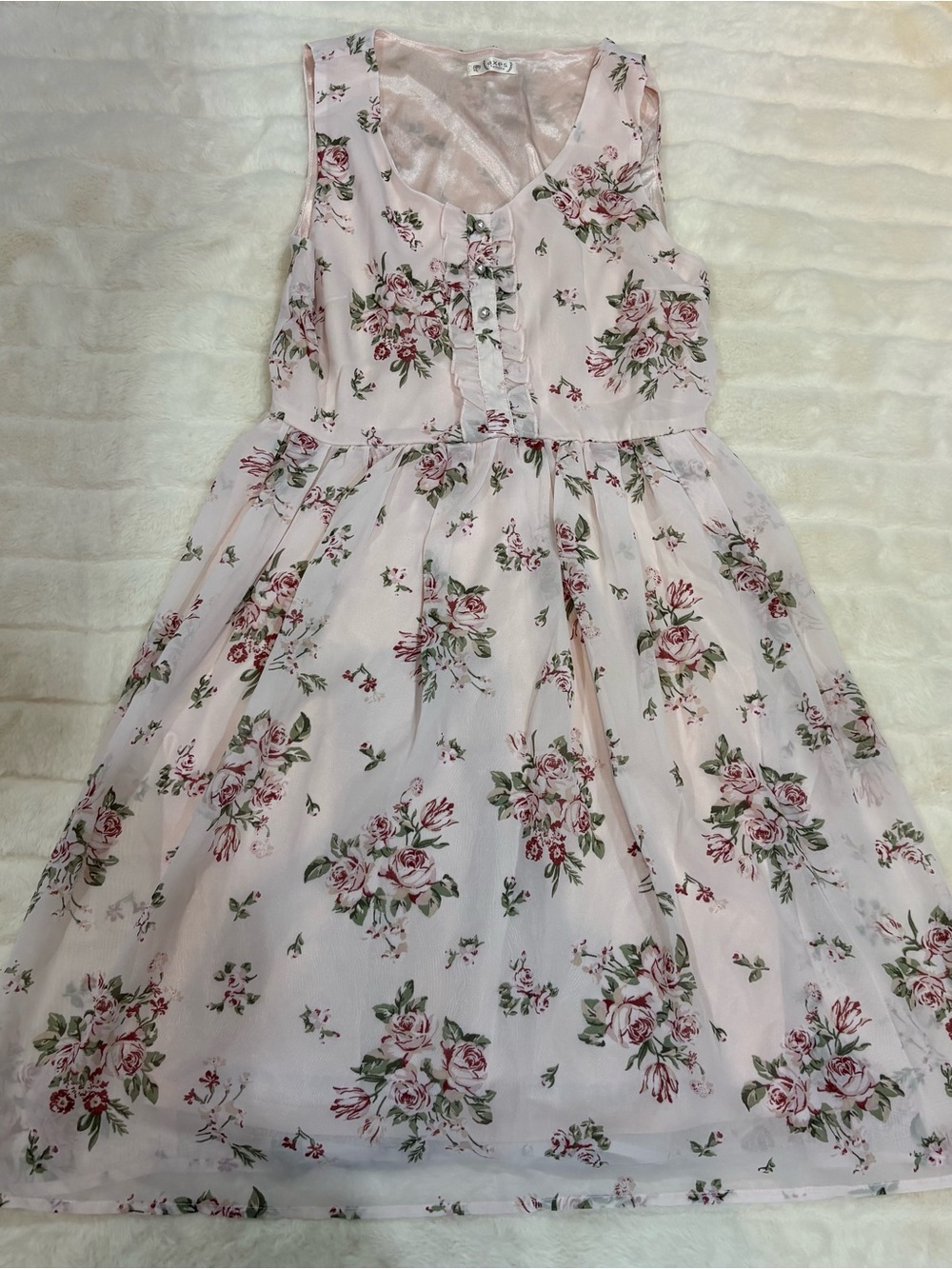 Sleeveless Pink Floral Ruffle-Front Casual Dress